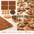 CorkMart-branded collage showing Samba cork table set for four, complete set photograph, cork texture macro and styled table settings.