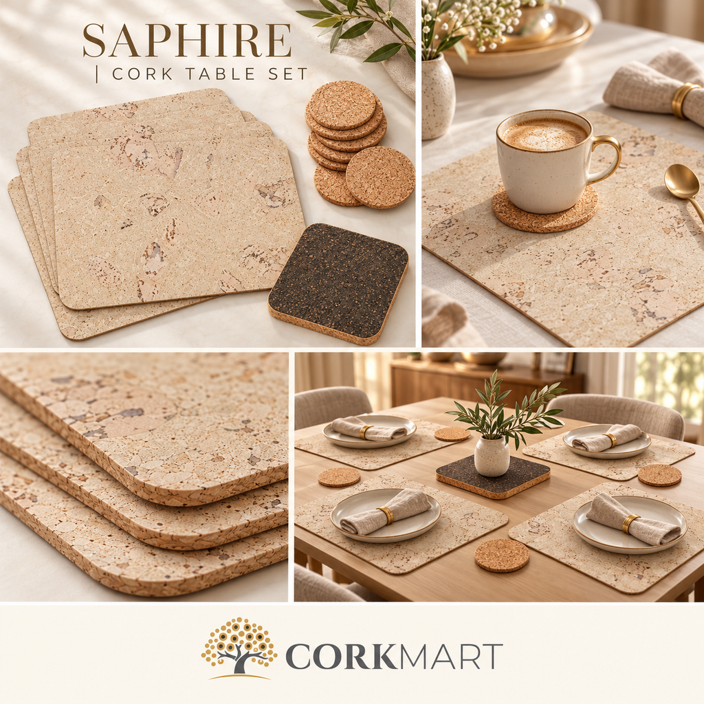 Saphire Cork Table Set editorial collage showing product close-up and table styling, featuring official CorkMart logo
