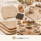Saphire Cork Table Set editorial collage showing product close-up and table styling, featuring official CorkMart logo