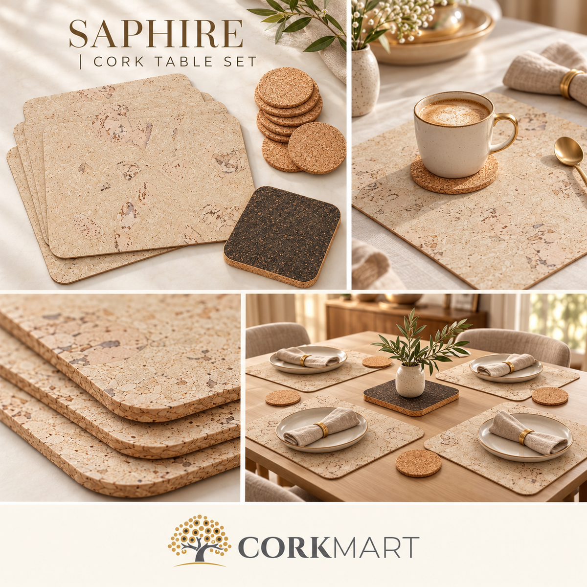 Saphire Cork Table Set editorial collage showing product close-up and table styling, featuring official CorkMart logo