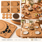 CorkMart branded photo collage of the Table Service eleven-piece cork table set for four, showing all components, printed placemat macro and table settings.