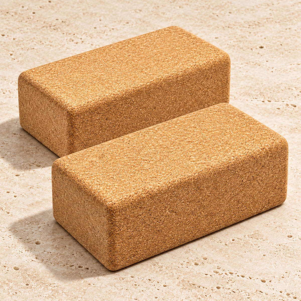 Two matching CorkMart 75 mm natural cork yoga blocks on a pale travertine background