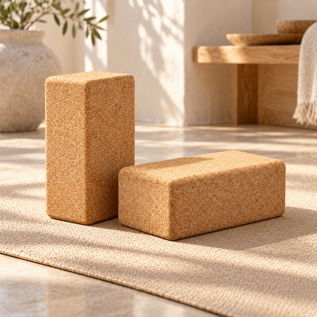 Pair of 75 mm high Portuguese cork yoga blocks in a serene sunlit yoga studio