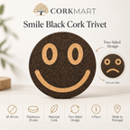 Smile Black cork trivet infographic showing Ø20 cm, 15 mm thickness and two-sided design