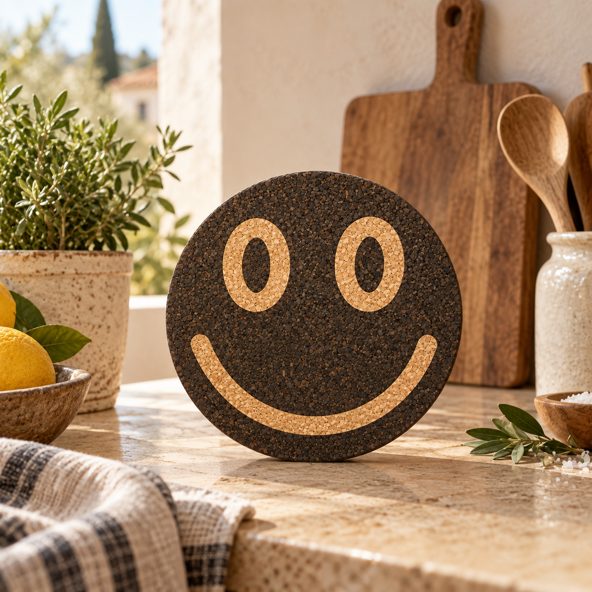 Smile Black cork trivet in a warm Mediterranean kitchen lifestyle setting