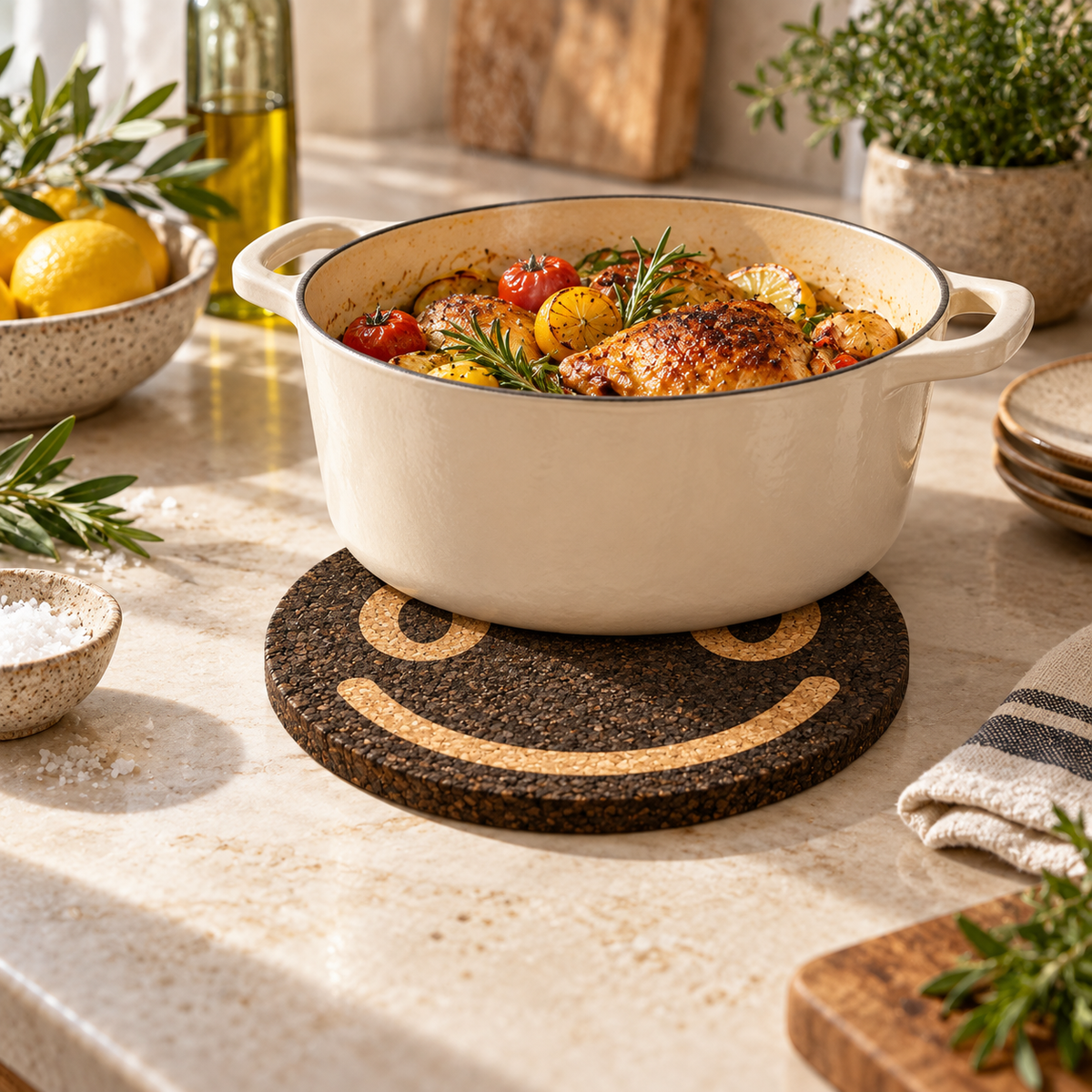 Smile Black cork trivet used under a hot serving dish in a Mediterranean kitchen