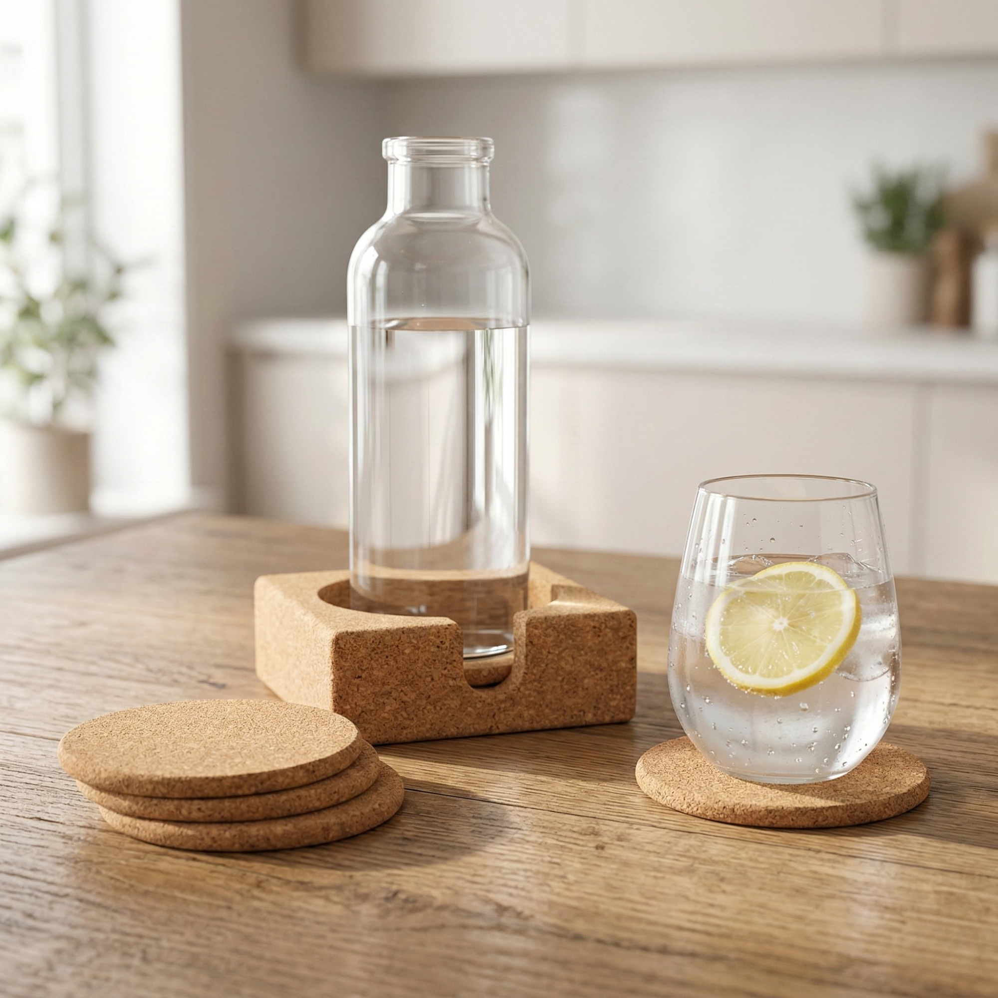 Cork Round Coaster Set with Holder — Natural - Portuguese cork product