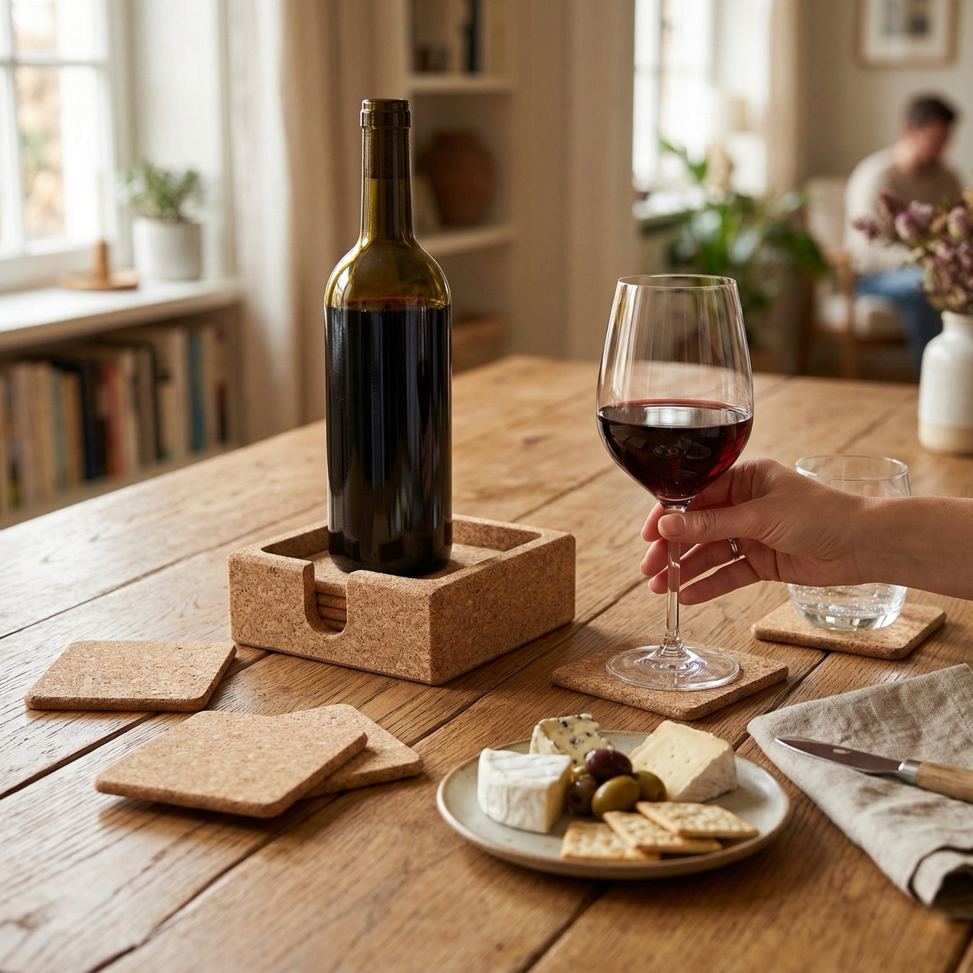 Cork Square Coaster Set with Holder — Natural - Portuguese cork product