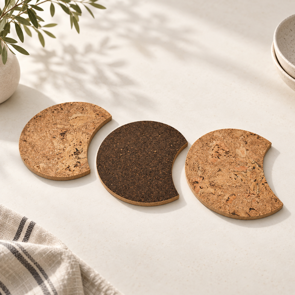 Moon Phase Cork Trivets set of 3 arranged on a warm neutral surface