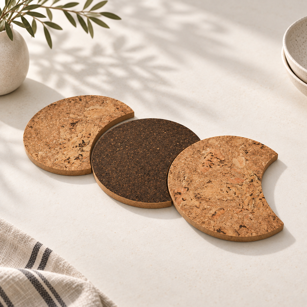 Moon Phase Cork Trivets set of 3 in coordinated crescent arrangement