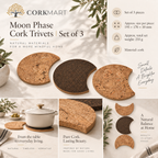 CorkMart Moon Phase Cork Trivets infographic - set of 3, approx. 195 × 170 × 10 mm each, total weight 235 g