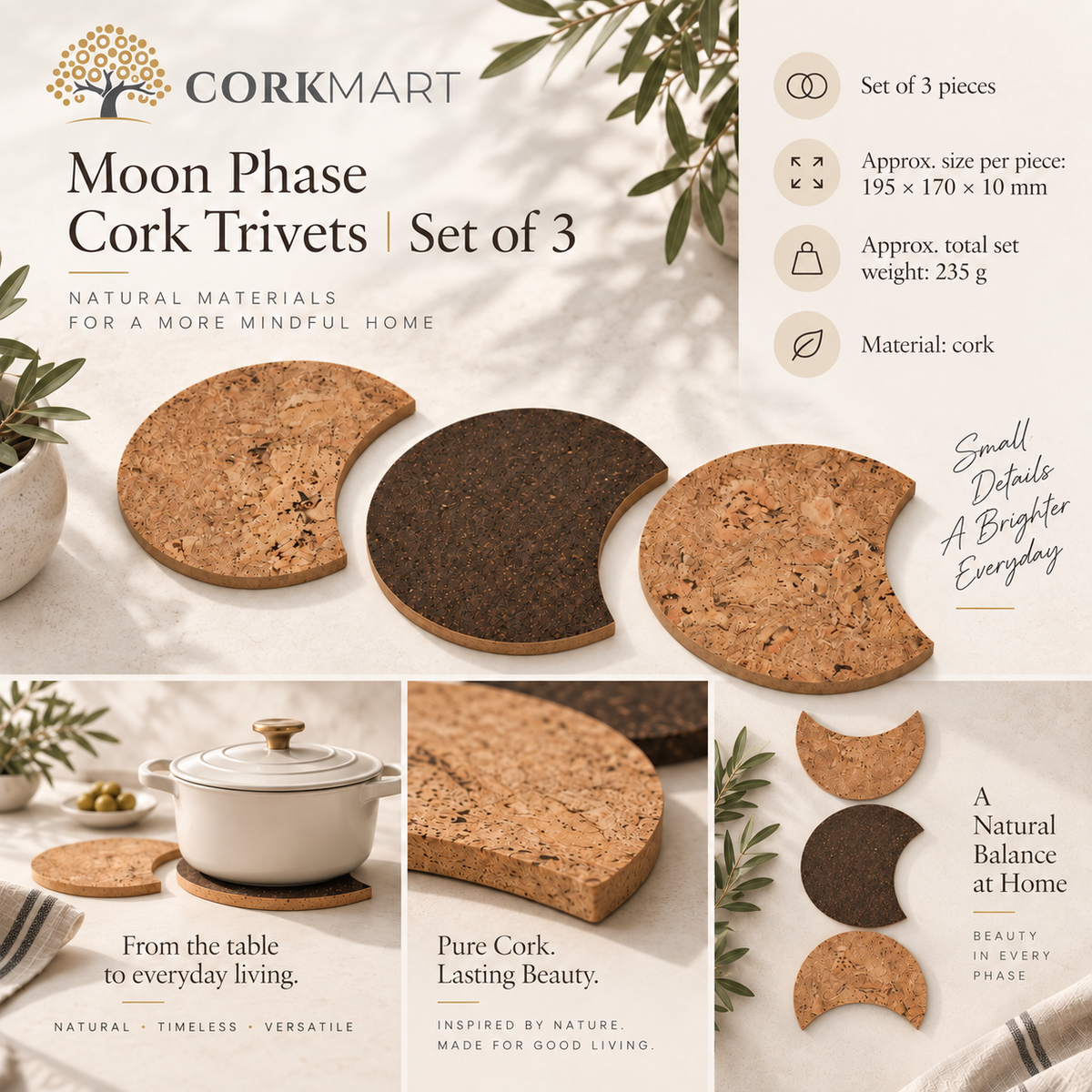 CorkMart Moon Phase Cork Trivets infographic - set of 3, approx. 195 × 170 × 10 mm each, total weight 235 g