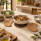 Moon Phase Cork Trivets supporting hot cookware in a Mediterranean dining setting