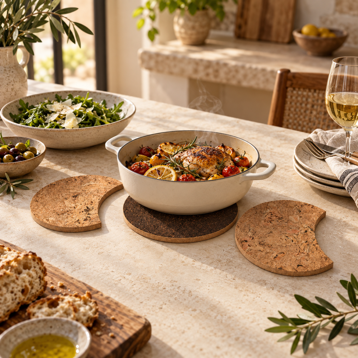 Moon Phase Cork Trivets supporting hot cookware in a Mediterranean dining setting