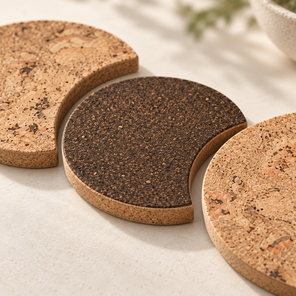 Moon Phase Cork Trivets - close-up of natural and dark cork textures with 10 mm profile