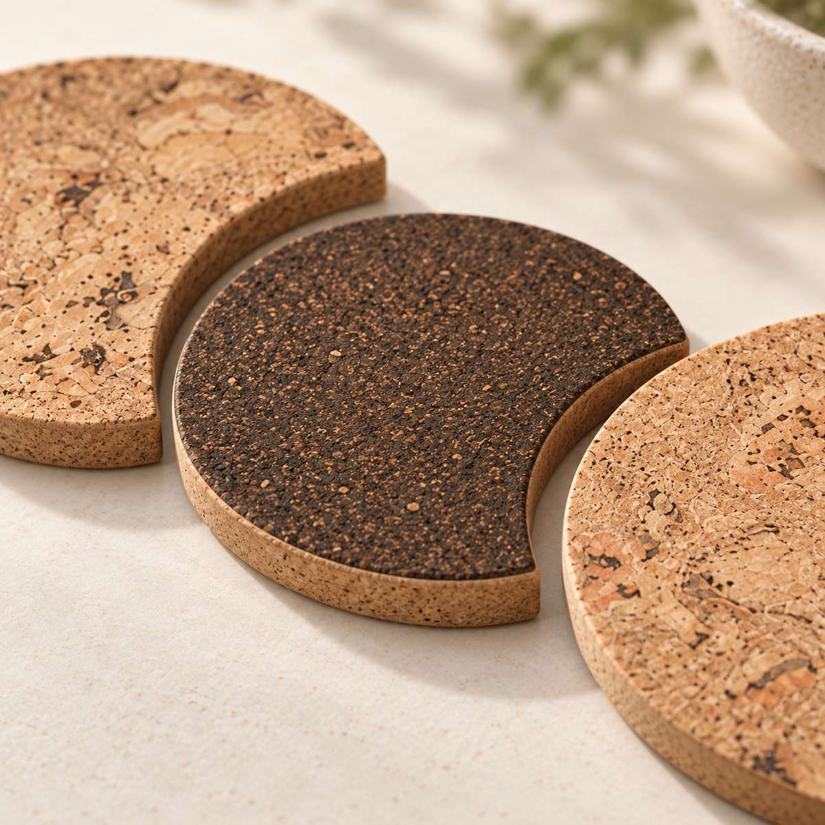 Moon Phase Cork Trivets - close-up of natural and dark cork textures with 10 mm profile