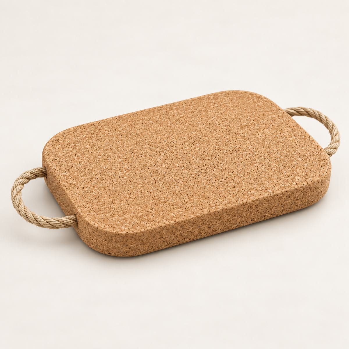 Thick Rectangular Cork Trivet with Rope - angled view showing 20 mm profile