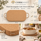 CorkMart Thick Rectangular Cork Trivet with Rope infographic - 300 × 200 × 20 mm, SKU 1213