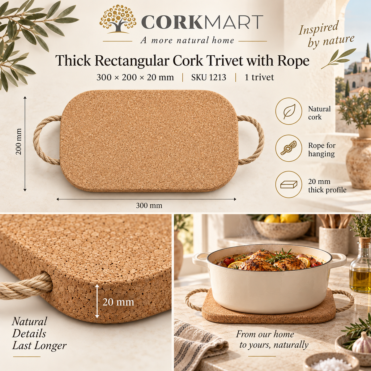 CorkMart Thick Rectangular Cork Trivet with Rope infographic - 300 × 200 × 20 mm, SKU 1213