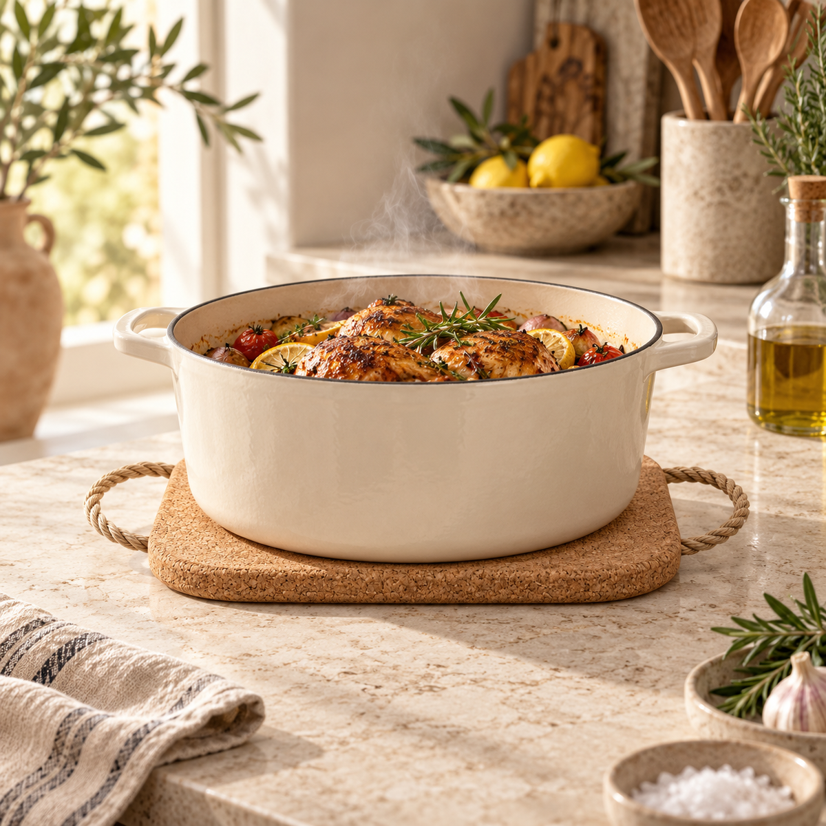 Thick Rectangular Cork Trivet with Rope supporting hot cookware in a premium kitchen