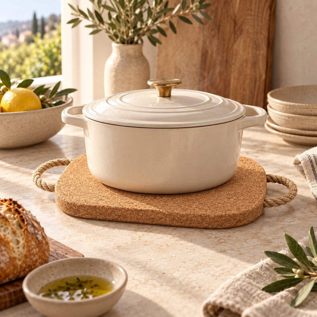 Thick Rectangular Cork Trivet with Rope in a warm Mediterranean kitchen setting