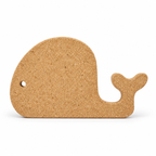 Whale-shaped natural cork trivet, 29 × 18 cm, front view on white background