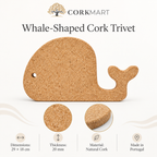 Whale-shaped cork trivet infographic with dimensions, thickness, material, and Made in Portugal