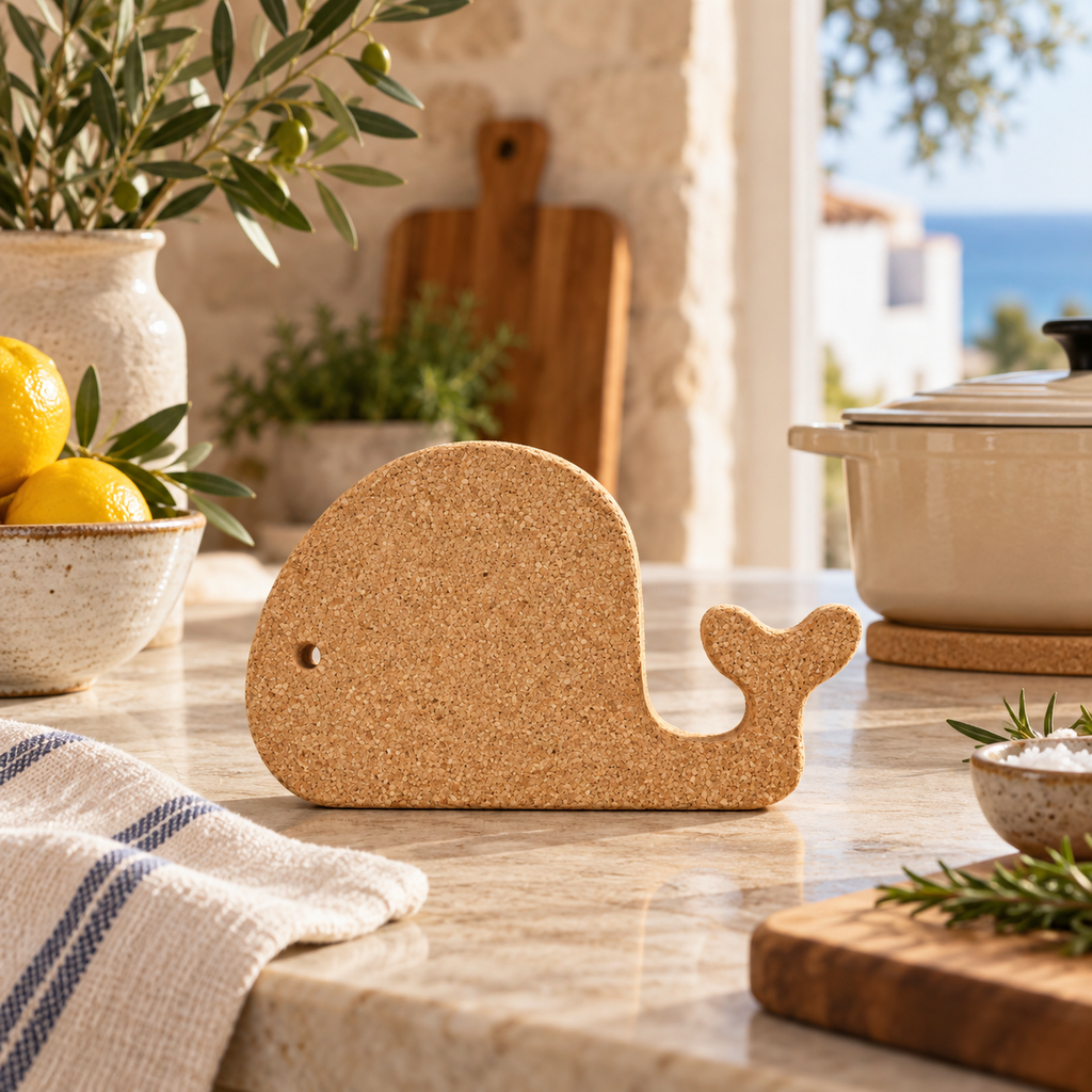 Whale-shaped natural cork trivet in an elegant Mediterranean kitchen setting