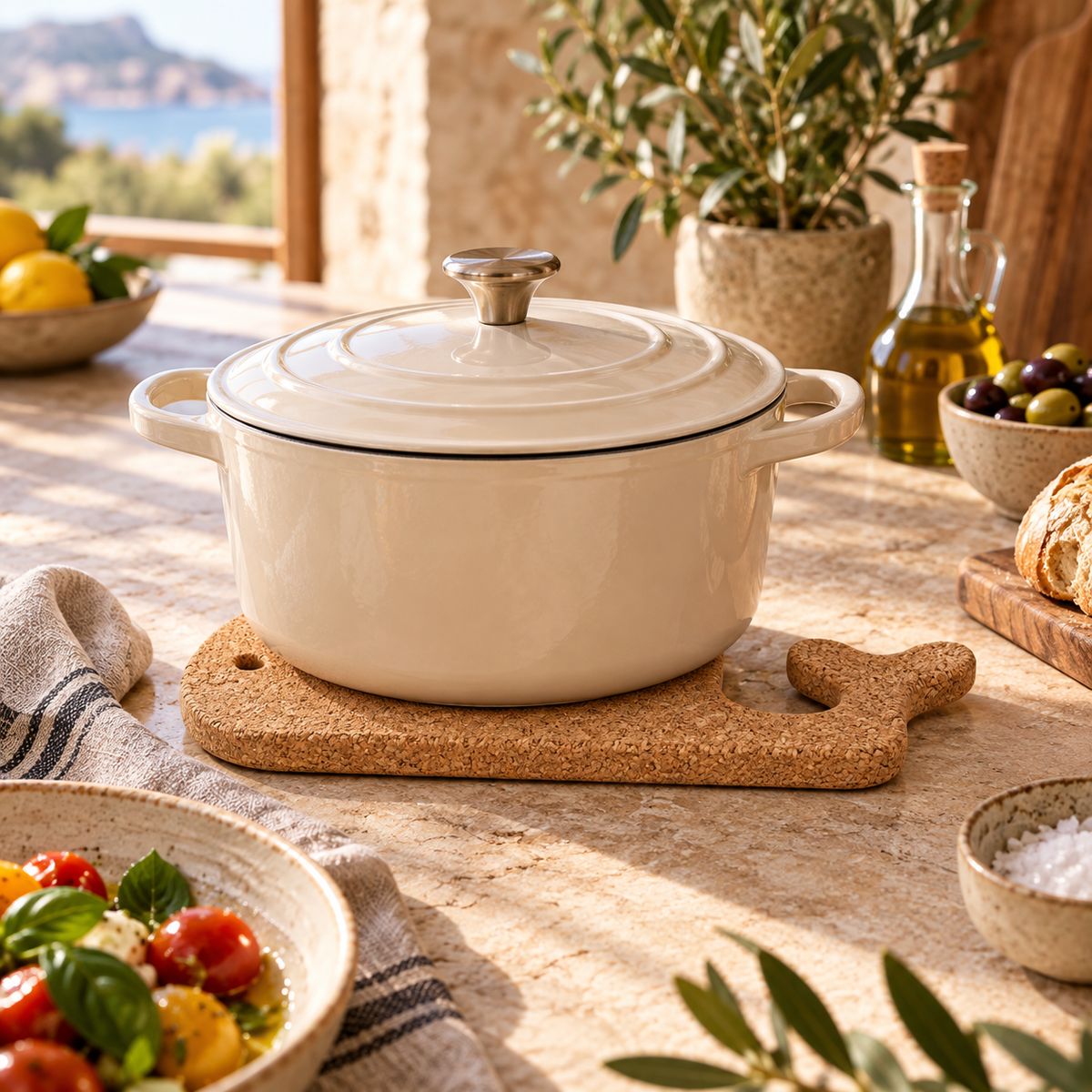 Whale-shaped cork trivet used under a hot cocotte in a Mediterranean kitchen