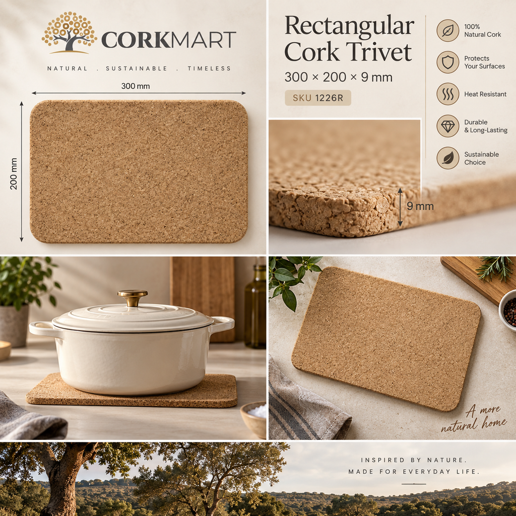 CorkMart Rectangular Cork Trivet infographic - 300 × 200 × 9 mm, SKU 1226R