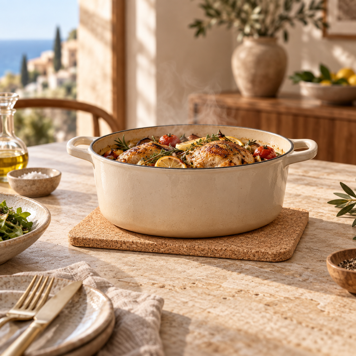 Rectangular Cork Trivet supporting a hot casserole in a premium kitchen setting
