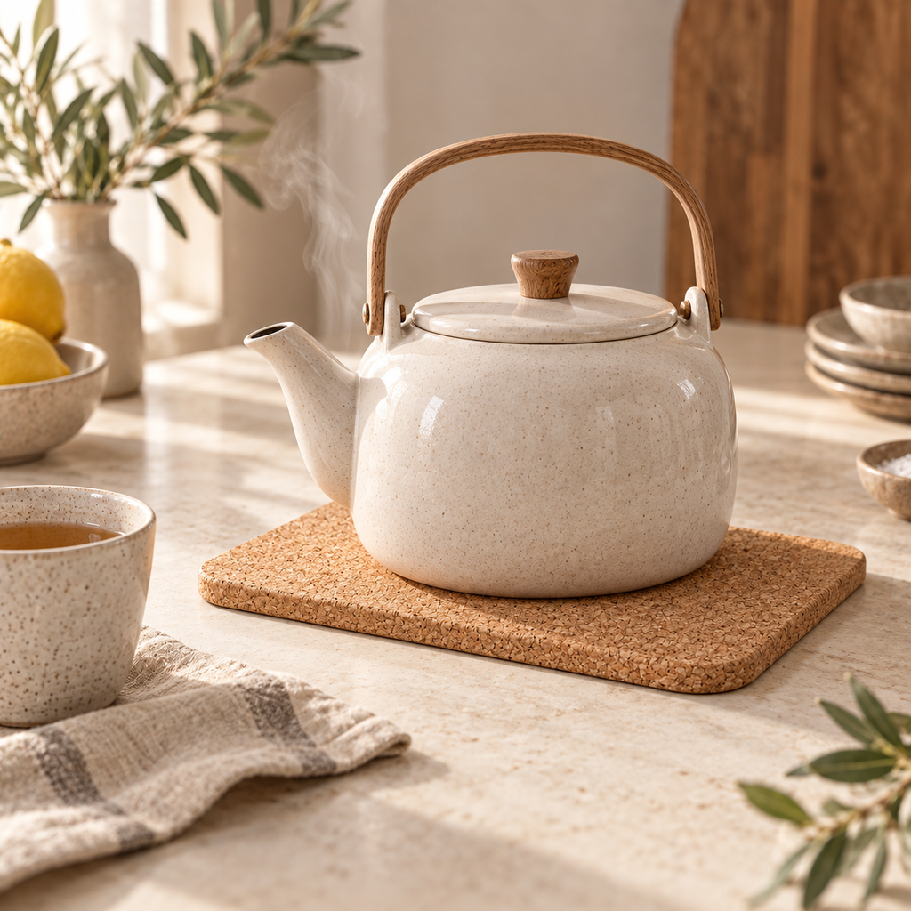 Rectangular Cork Trivet with a hot teapot in a warm natural kitchen setting