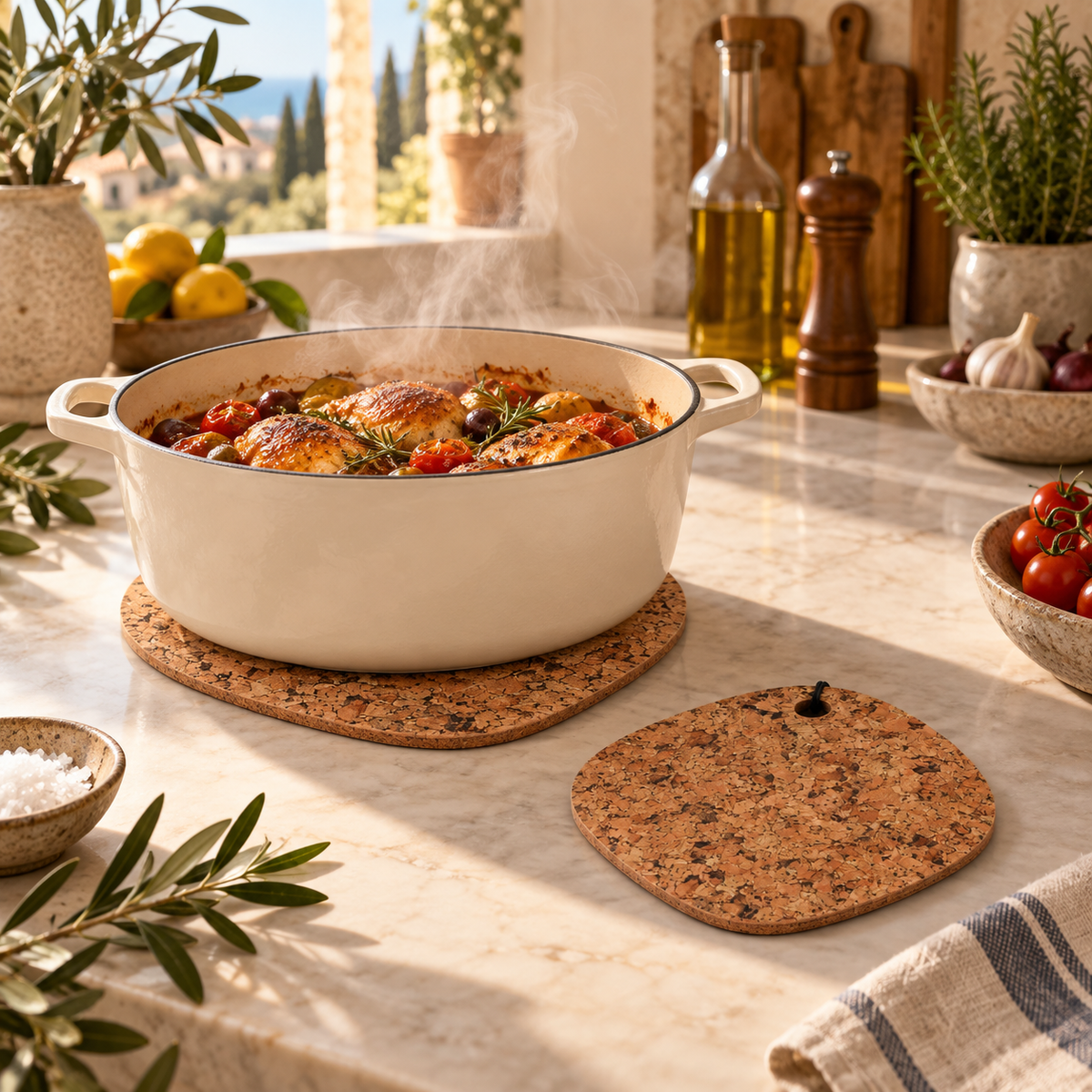 Country drop cork trivet supporting hot cookware in a Mediterranean kitchen