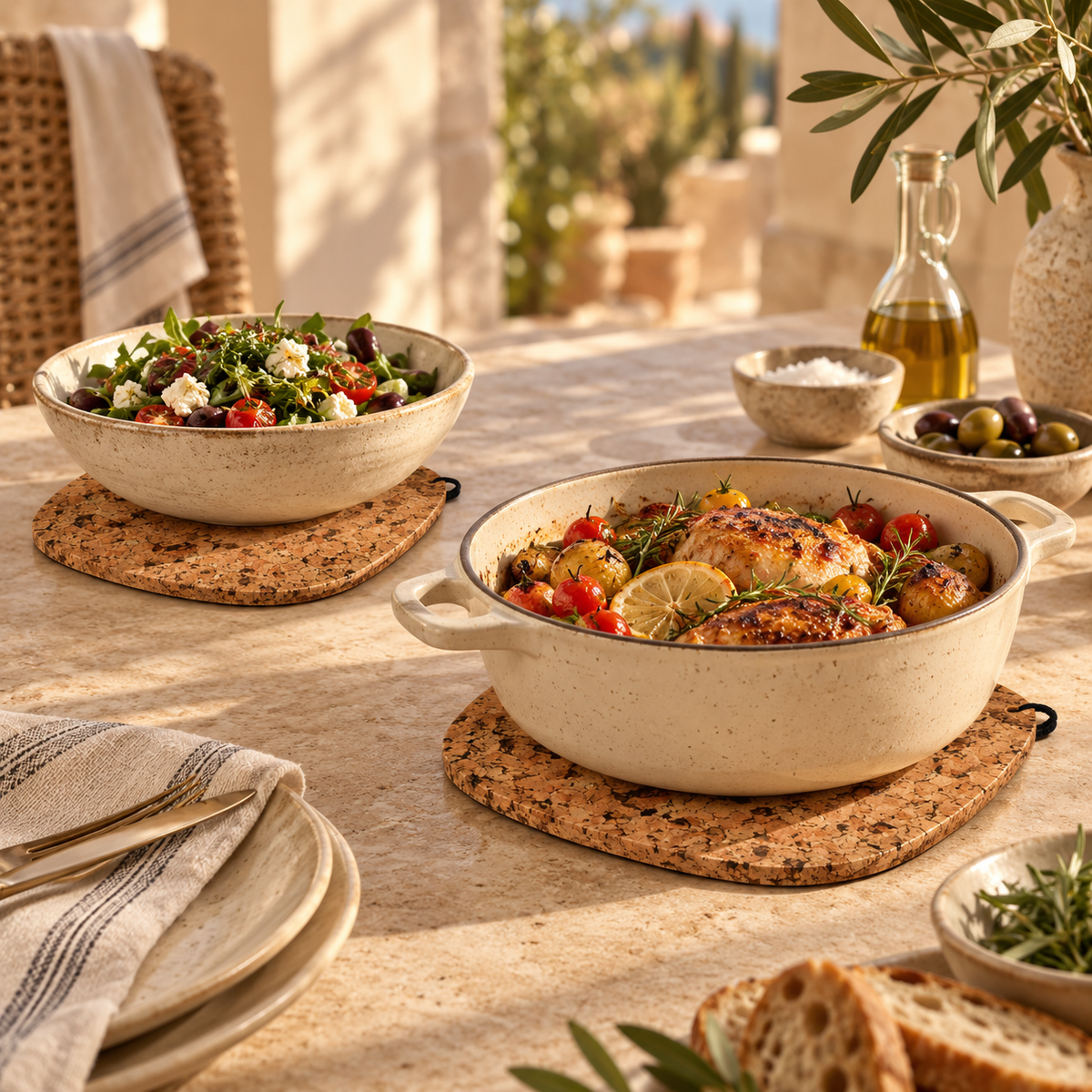 Country drop cork trivets in two sizes with serving dishes