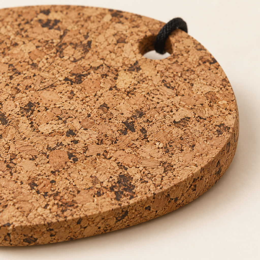 Country cork trivet - close-up of natural cork texture, 15 mm edge and hanging loop