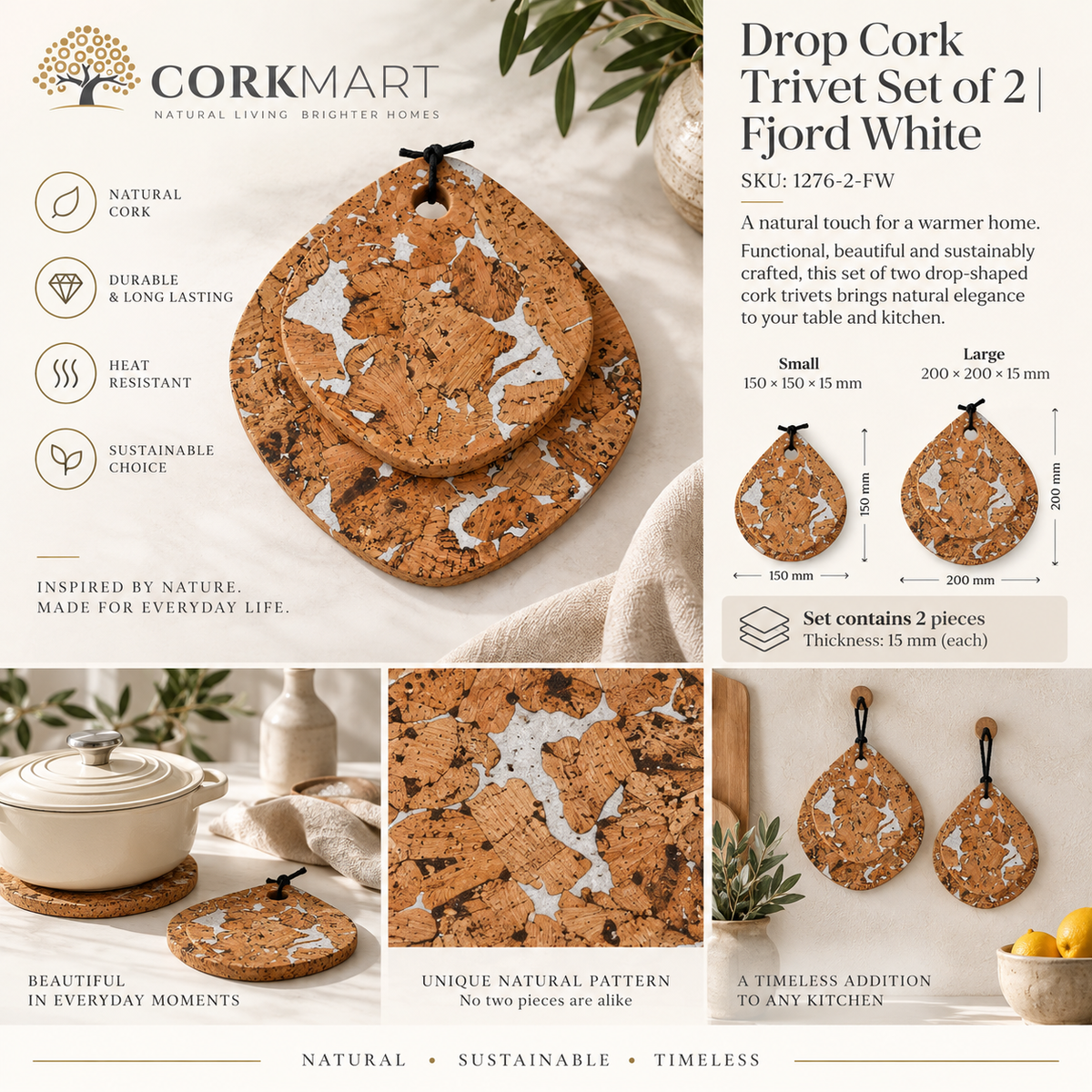 CorkMart Drop Cork Trivet Set of 2 Fjord White infographic - 150 and 200 mm, 15 mm, SKU 1276-2-FW
