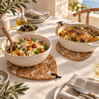 Fjord White drop cork trivets in two sizes with serving dishes