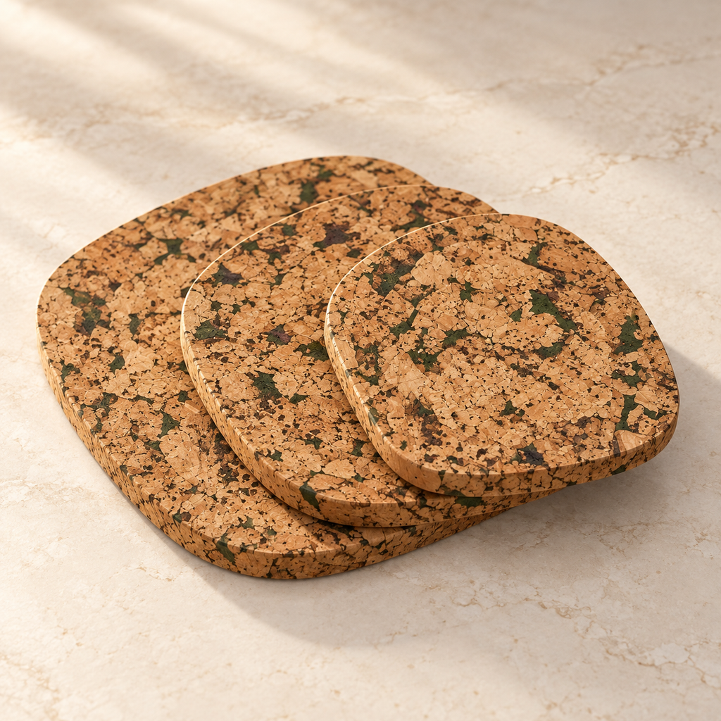 Drop Cork Trivet Set of 3 Fjord Green - three graduated sizes in angled view