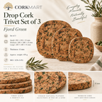 CorkMart Drop Cork Trivet Set of 3 Fjord Green infographic - 150, 200 and 240 mm, 15 mm, SKU 1276-3-FG