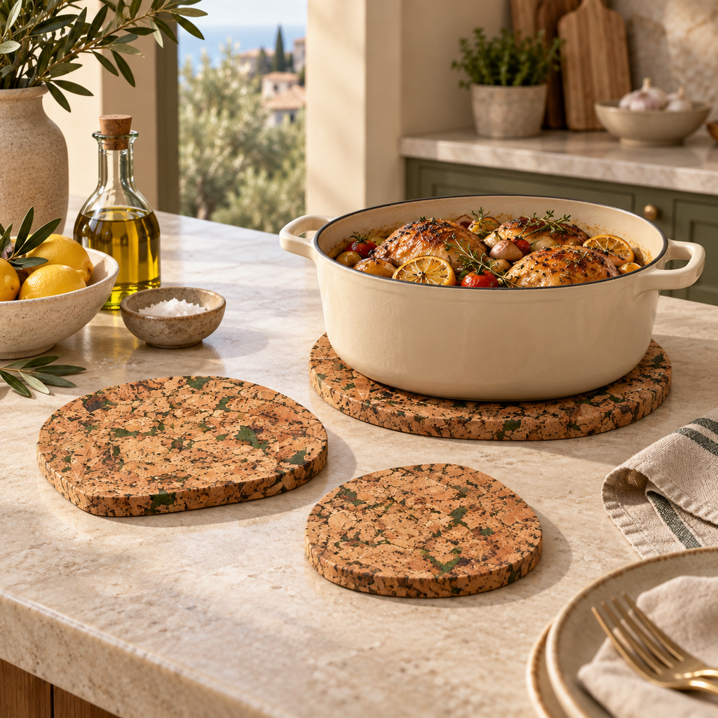 Fjord Green drop cork trivet supporting hot cookware in a Mediterranean kitchen