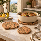 Fjord Green drop cork trivet supporting hot cookware in a Mediterranean kitchen