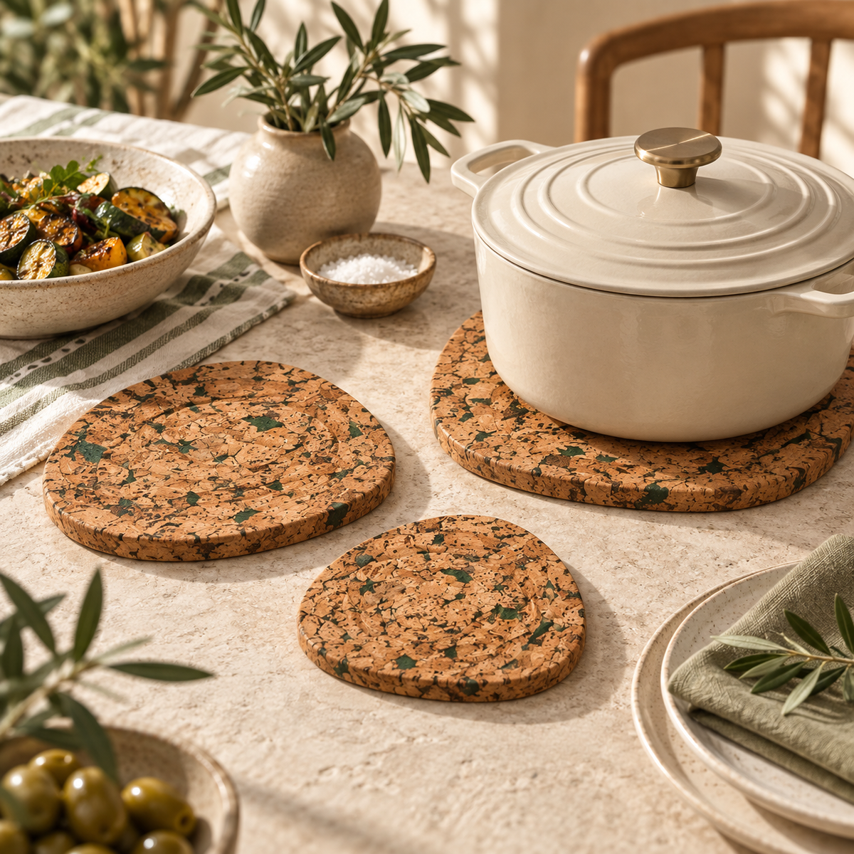 Fjord Green drop cork trivets in three sizes with serving dishes