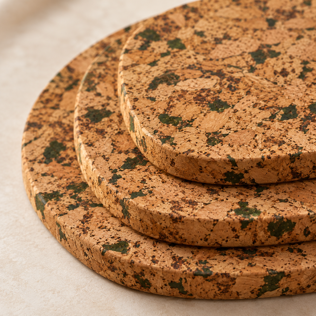 Fjord Green cork trivet - close-up of green-accent cork texture and 15 mm edge