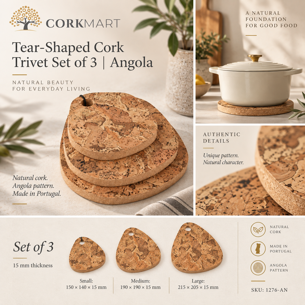 CorkMart Tear-Shaped Cork Trivet Set of 3 Angola infographic - 15 mm, SKU 1276-AN