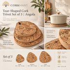CorkMart Tear-Shaped Cork Trivet Set of 3 Angola infographic - 15 mm, SKU 1276-AN