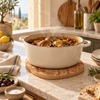 Angola tear-shaped cork trivet supporting hot cookware in a Mediterranean kitchen