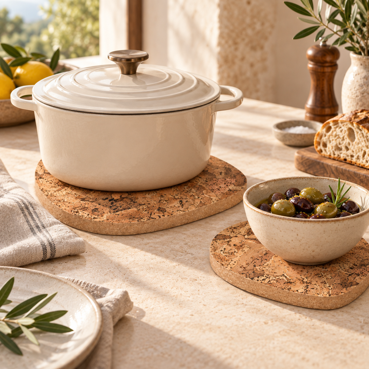 Angola tear-shaped cork trivets in graduated sizes with serving dishes