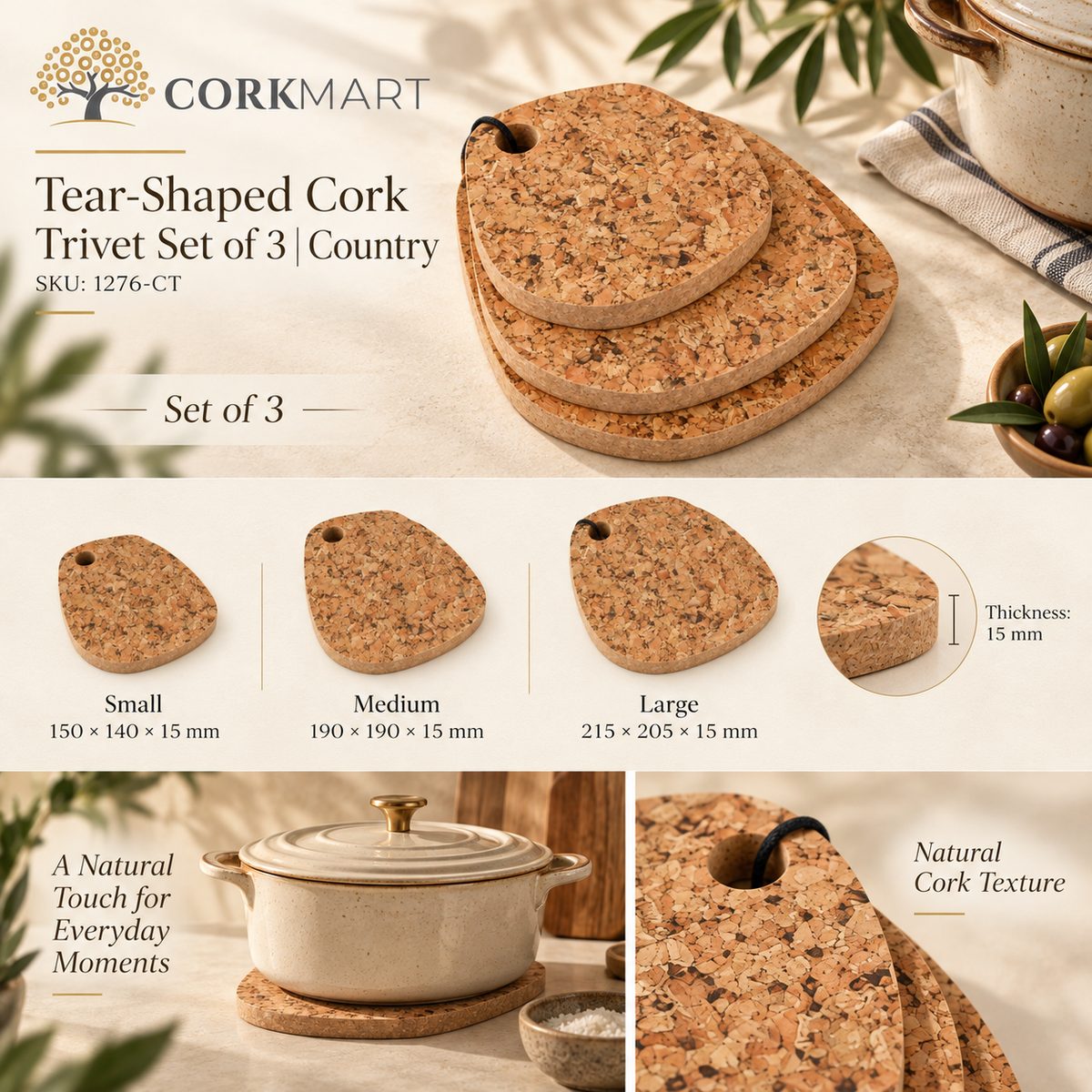 CorkMart Tear-Shaped Cork Trivet Set of 3 Country infographic - 15 mm, SKU 1276-CT