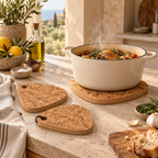Country tear-shaped cork trivet supporting hot cookware in a Mediterranean kitchen