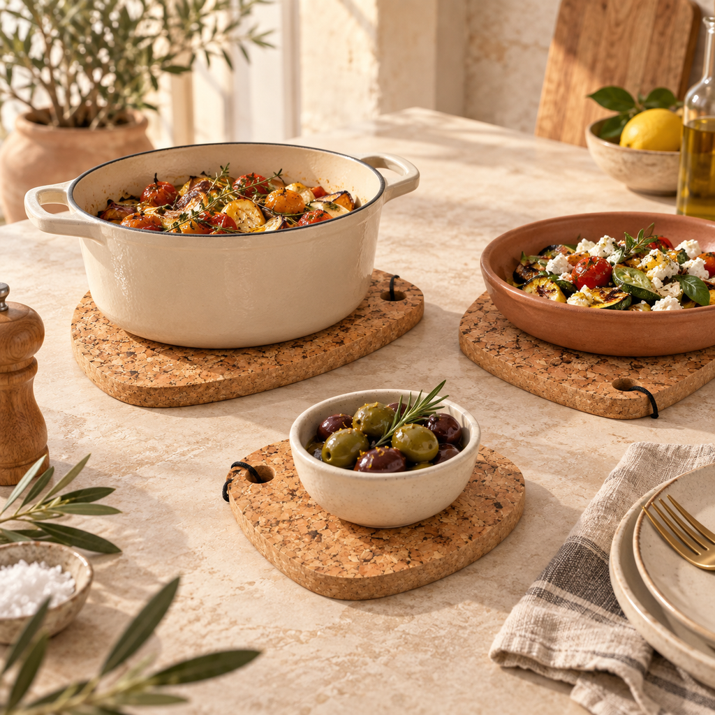 Country tear-shaped cork trivets in graduated sizes with serving dishes